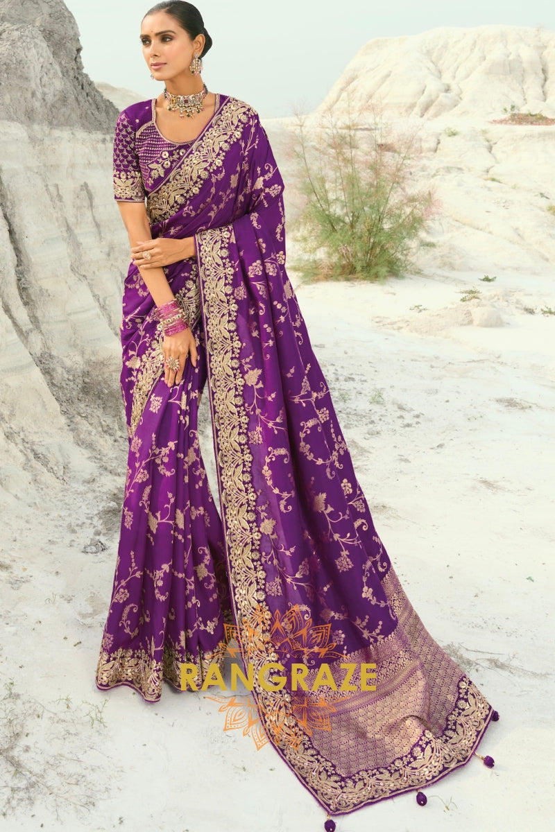 Purple Pure Silk Designer Embroidered Saree with Heavy Blouse & Pallu Work