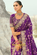 Purple Pure Silk Designer Embroidered Saree with Heavy Blouse & Pallu Work