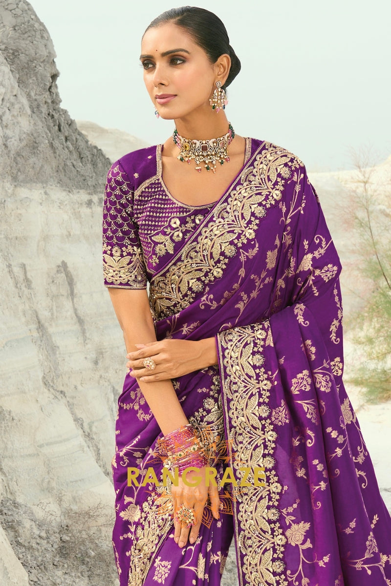 Purple Pure Silk Designer Embroidered Saree with Heavy Blouse & Pallu Work