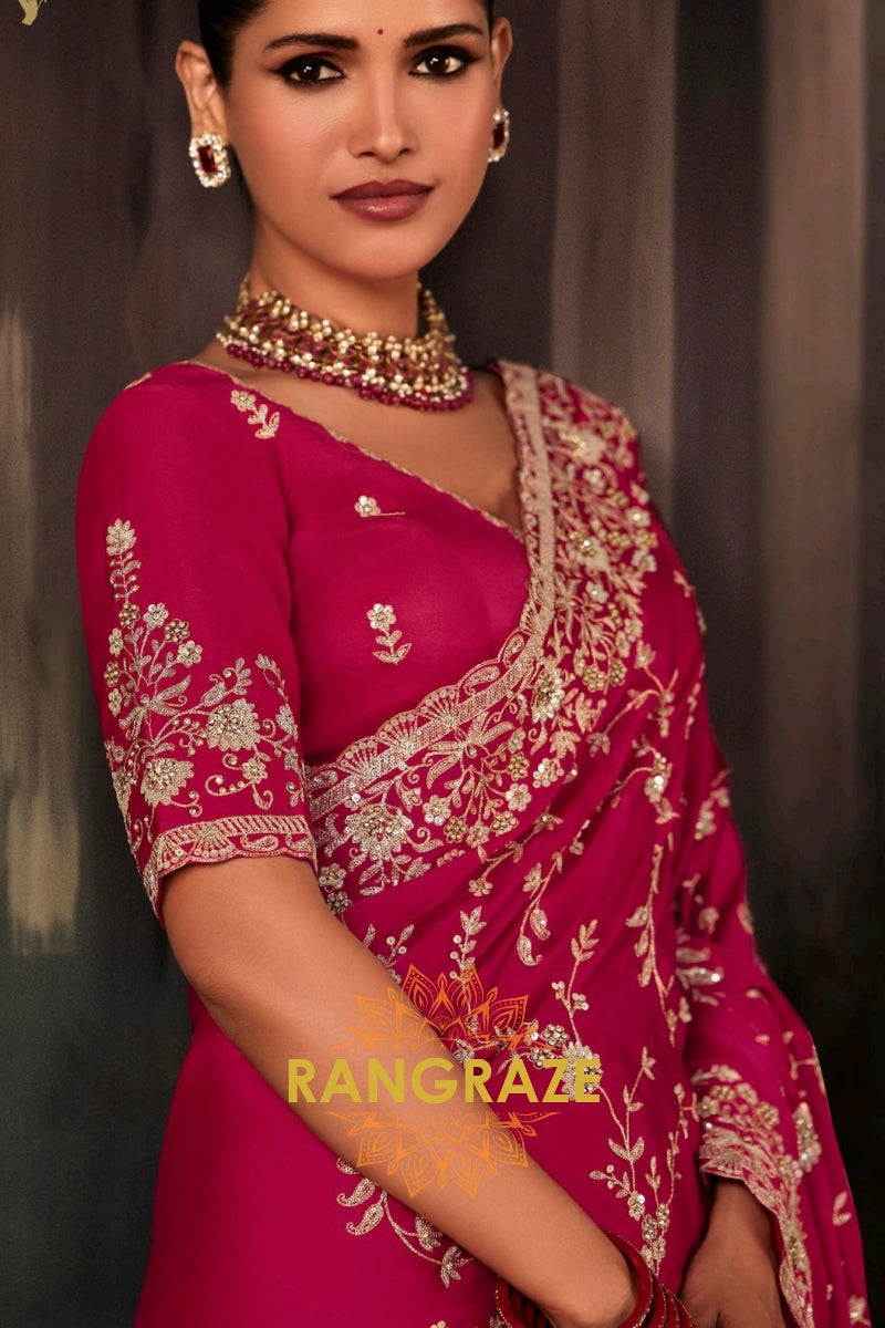 Rose Magenta Designer Embroidered Saree with Heavy Blouse & Pallu Work