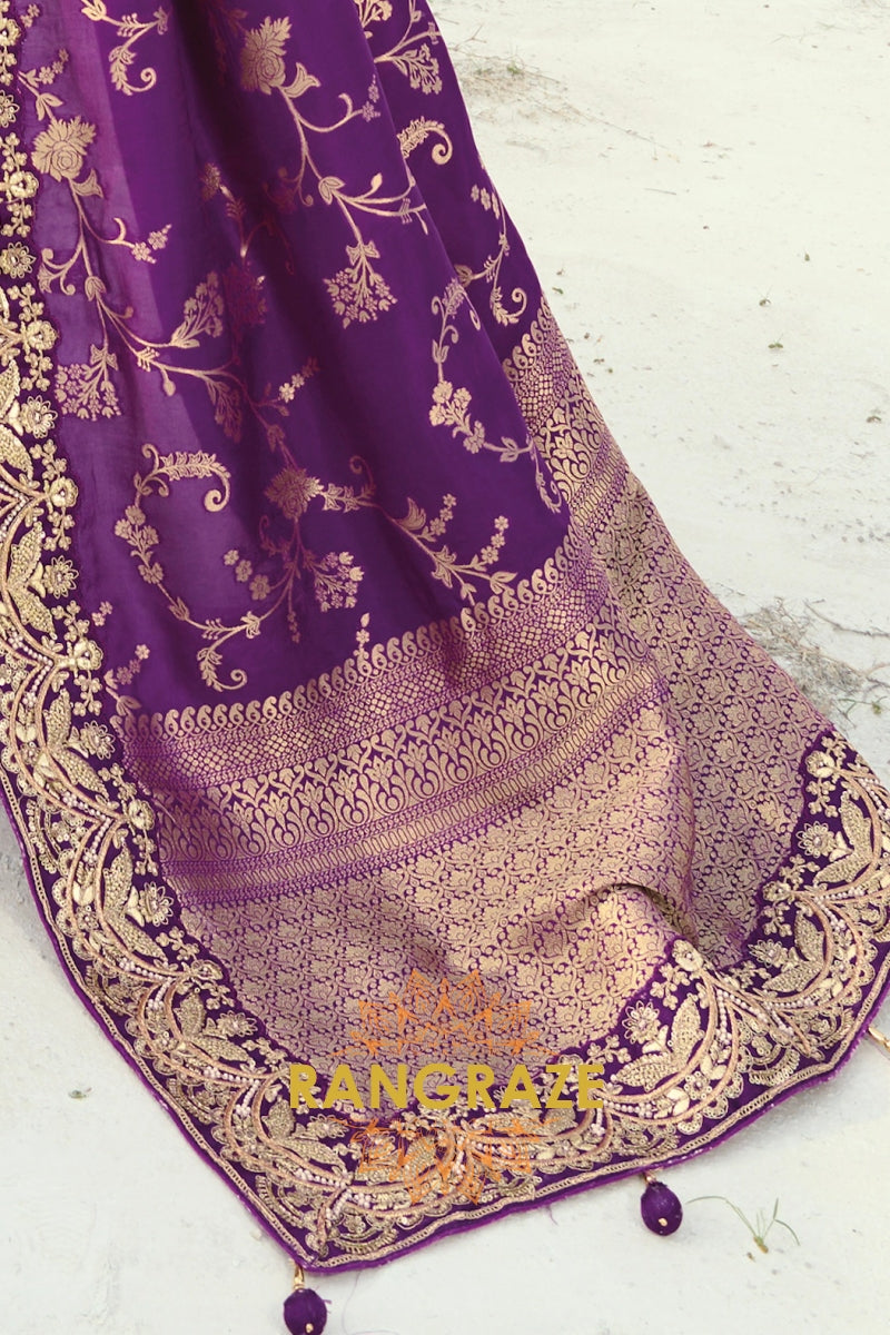 Purple Pure Silk Designer Embroidered Saree with Heavy Blouse & Pallu Work
