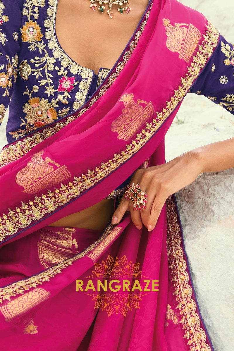 Rani Pink Designer Embroidered Saree with Heavy Blouse & Pallu Work