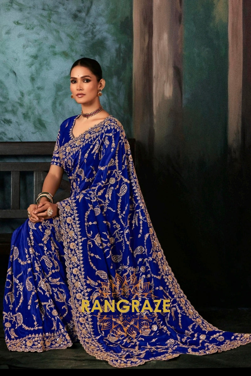 Royal Blue Designer Embroidered Saree with Heavy Blouse & Pallu Work