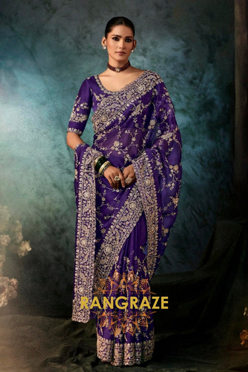 Royal Purple Designer Embroidered Saree with Heavy Blouse & Pallu Work