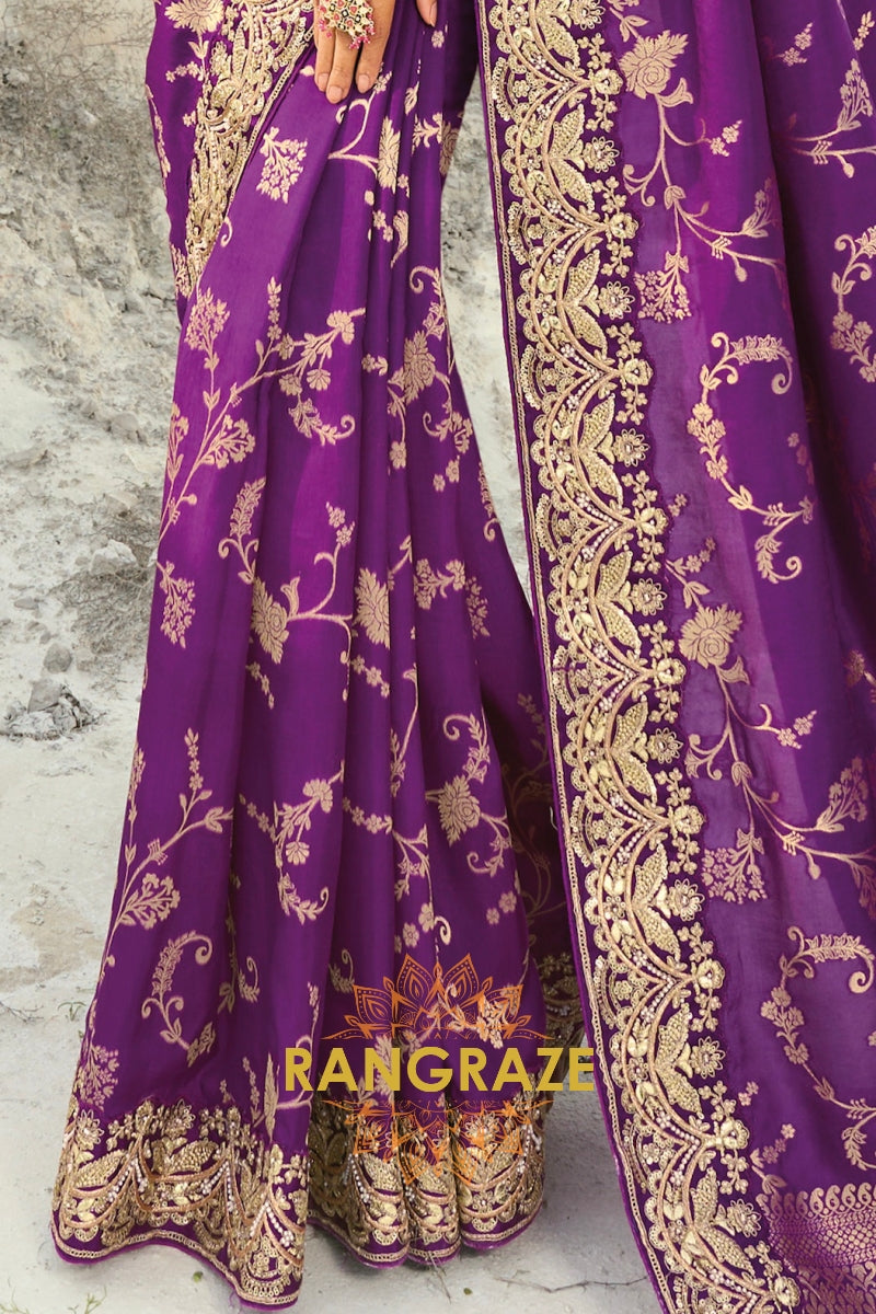 Purple Pure Silk Designer Embroidered Saree with Heavy Blouse & Pallu Work