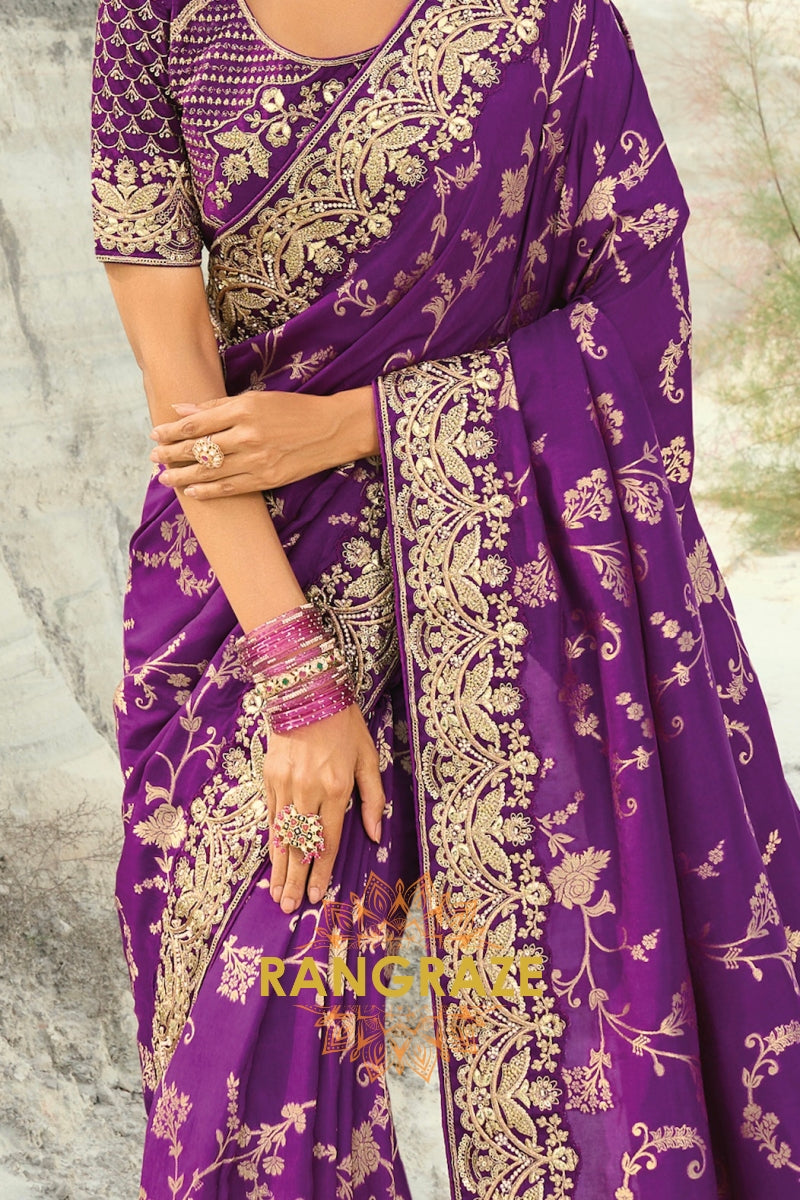 Purple Pure Silk Designer Embroidered Saree with Heavy Blouse & Pallu Work