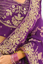 Purple Pure Silk Designer Embroidered Saree with Heavy Blouse & Pallu Work