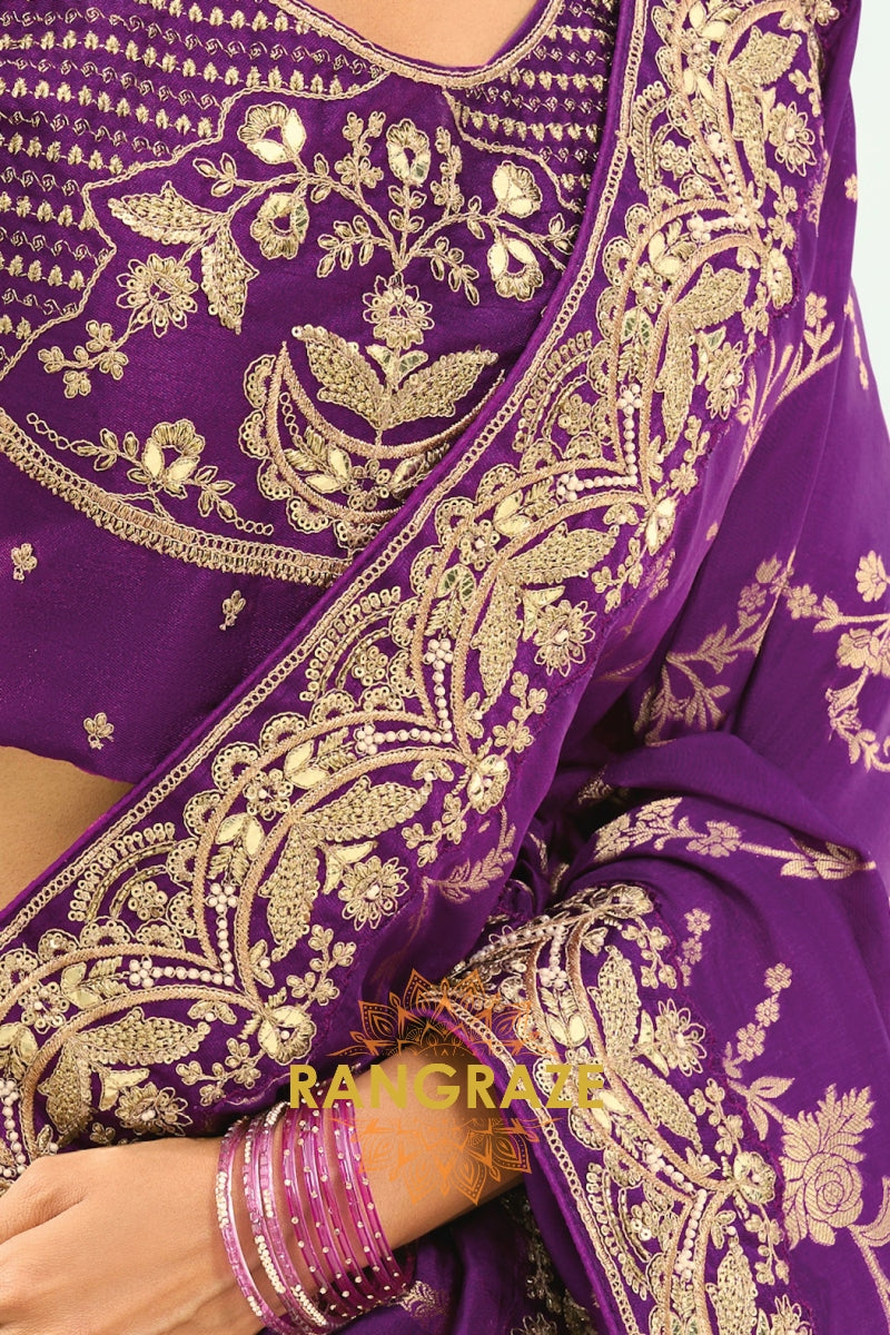 Purple Pure Silk Designer Embroidered Saree with Heavy Blouse & Pallu Work