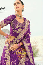 Purple Pure Silk Designer Embroidered Saree with Heavy Blouse & Pallu Work