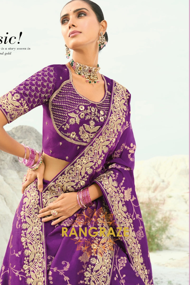 Purple Pure Silk Designer Embroidered Saree with Heavy Blouse & Pallu Work