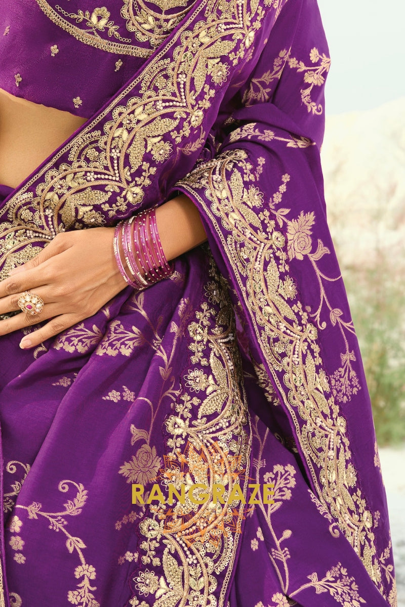 Purple Pure Silk Designer Embroidered Saree with Heavy Blouse & Pallu Work