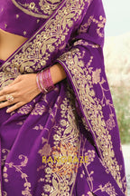 Purple Pure Silk Designer Embroidered Saree with Heavy Blouse & Pallu Work