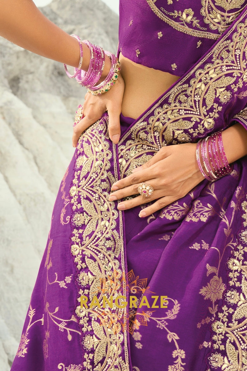 Purple Pure Silk Designer Embroidered Saree with Heavy Blouse & Pallu Work