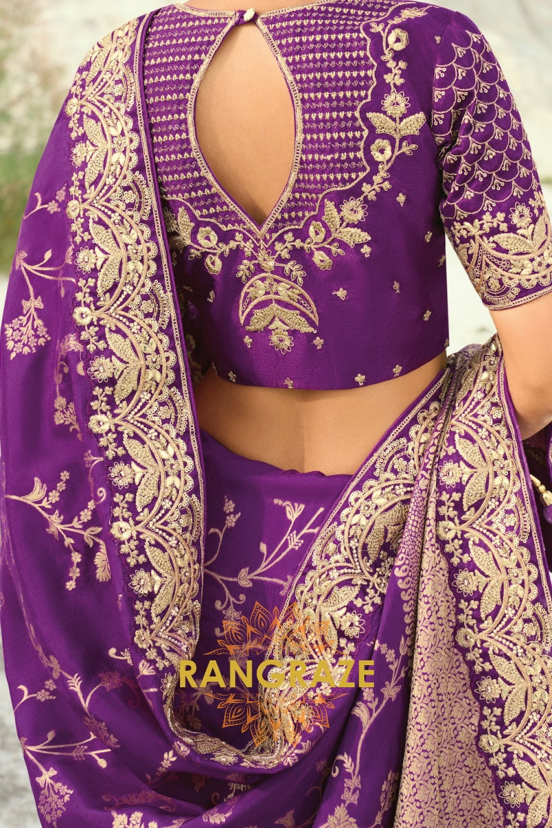 Purple Pure Silk Designer Embroidered Saree with Heavy Blouse & Pallu Work