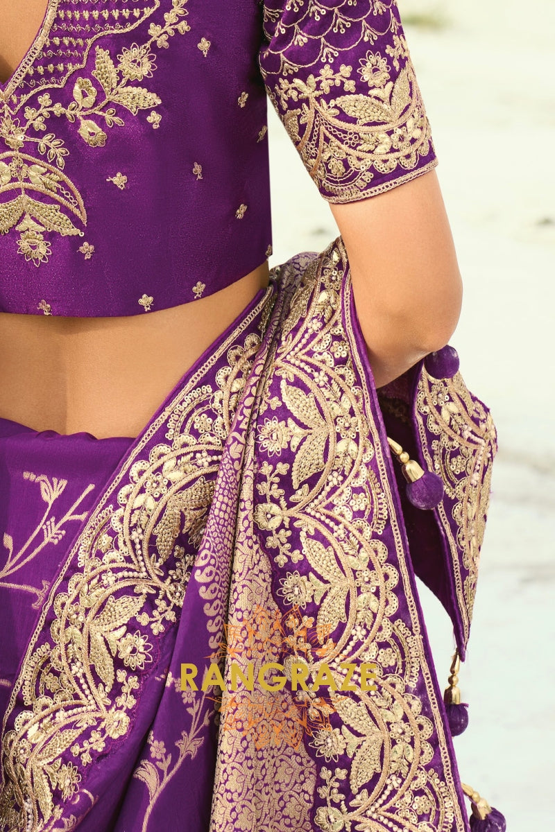 Purple Pure Silk Designer Embroidered Saree with Heavy Blouse & Pallu Work