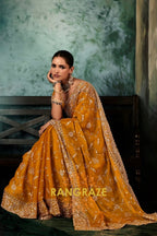 Mustard Gold Designer Embroidered Saree with Heavy Blouse & Pallu Work