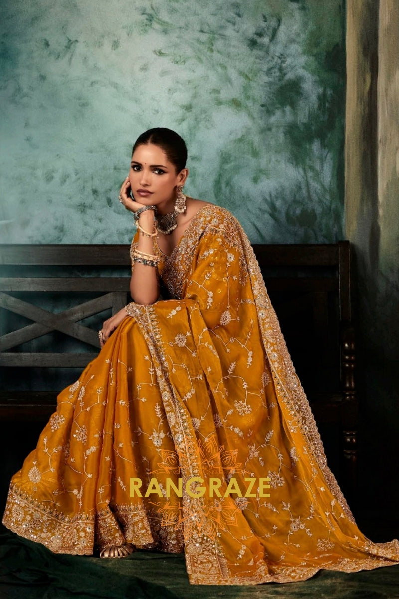 Mustard Gold Designer Embroidered Saree with Heavy Blouse & Pallu Work