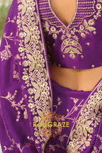 Purple Pure Silk Designer Embroidered Saree with Heavy Blouse & Pallu Work