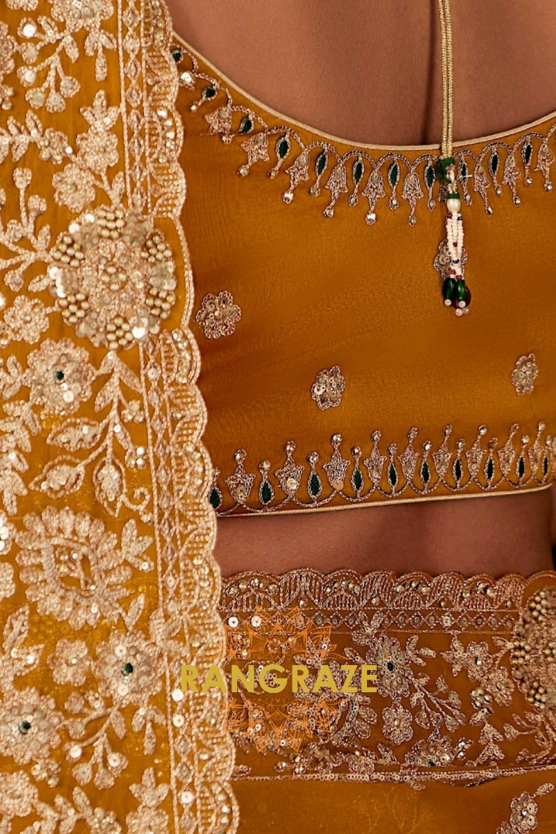 Mustard Gold Designer Embroidered Saree with Heavy Blouse & Pallu Work