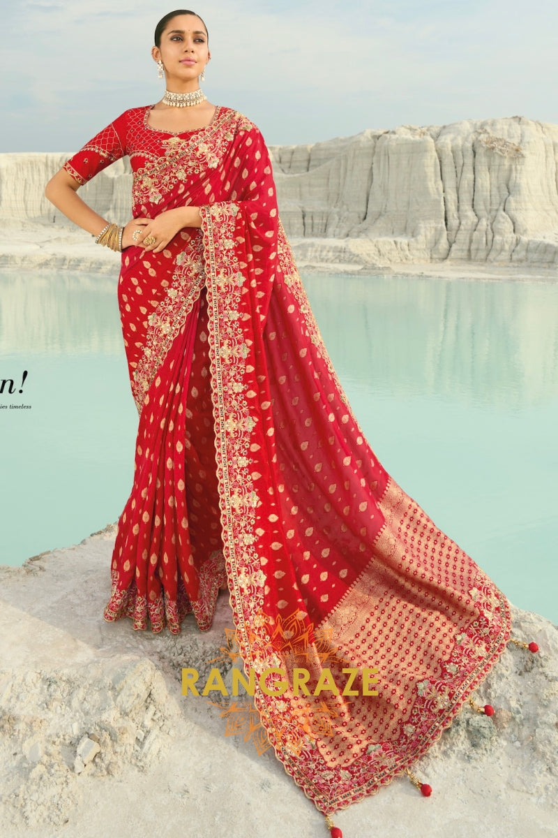 Red Pure Silk Designer Embroidered Saree with Heavy Blouse & Pallu Work