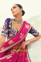 Rani Pink Designer Embroidered Saree with Heavy Blouse & Pallu Work