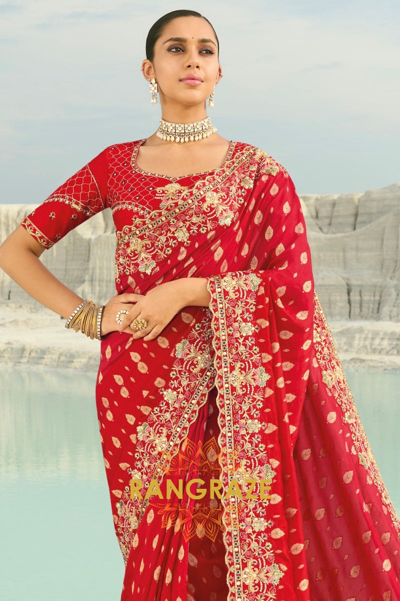 Red Pure Silk Designer Embroidered Saree with Heavy Blouse & Pallu Work