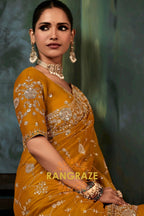 Mustard Gold Designer Embroidered Saree with Heavy Blouse & Pallu Work