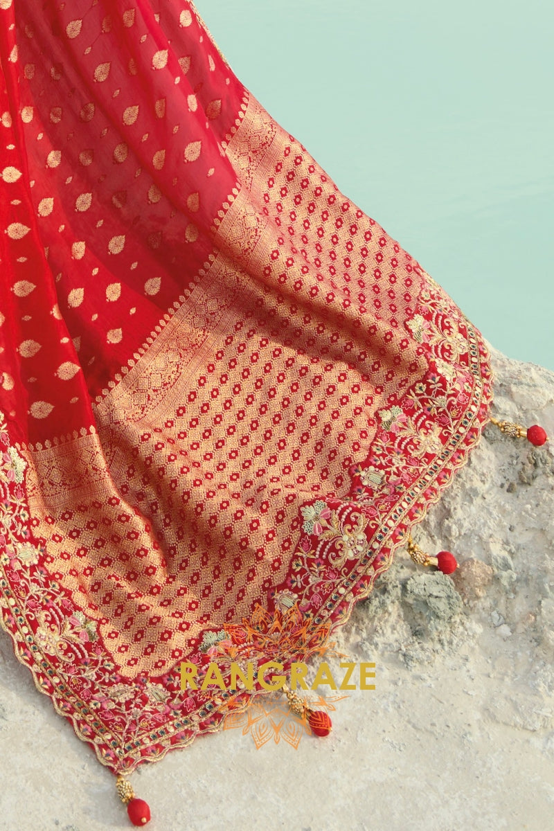 Red Pure Silk Designer Embroidered Saree with Heavy Blouse & Pallu Work