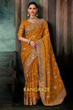 Mustard Gold Designer Embroidered Saree with Heavy Blouse & Pallu Work