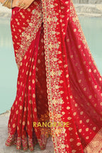 Red Pure Silk Designer Embroidered Saree with Heavy Blouse & Pallu Work