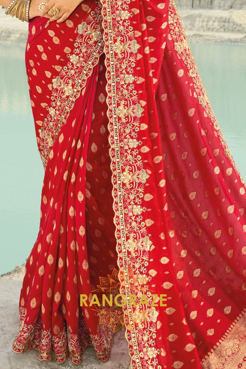 Red Pure Silk Designer Embroidered Saree with Heavy Blouse & Pallu Work