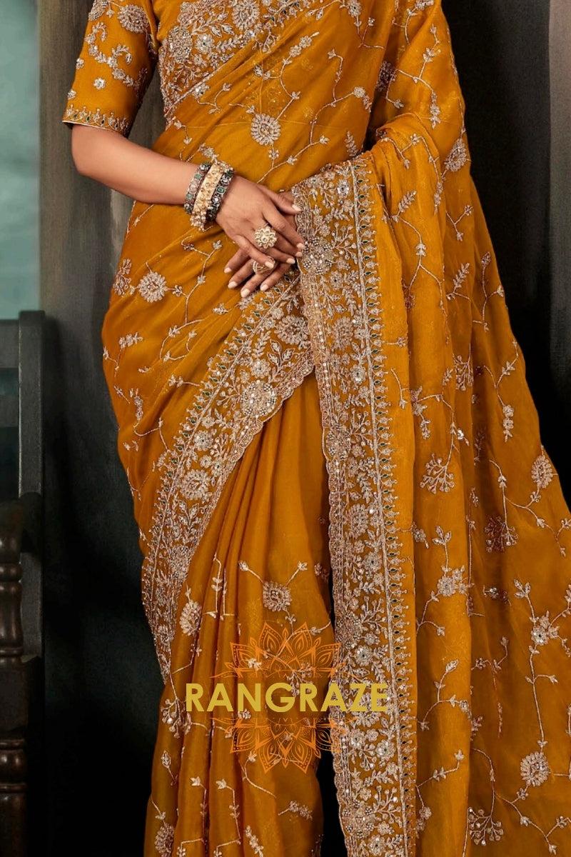 Mustard Gold Designer Embroidered Saree with Heavy Blouse & Pallu Work