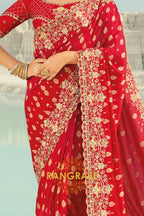 Red Pure Silk Designer Embroidered Saree with Heavy Blouse & Pallu Work