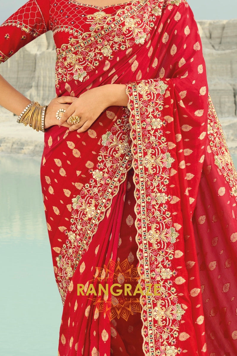 Red Pure Silk Designer Embroidered Saree with Heavy Blouse & Pallu Work