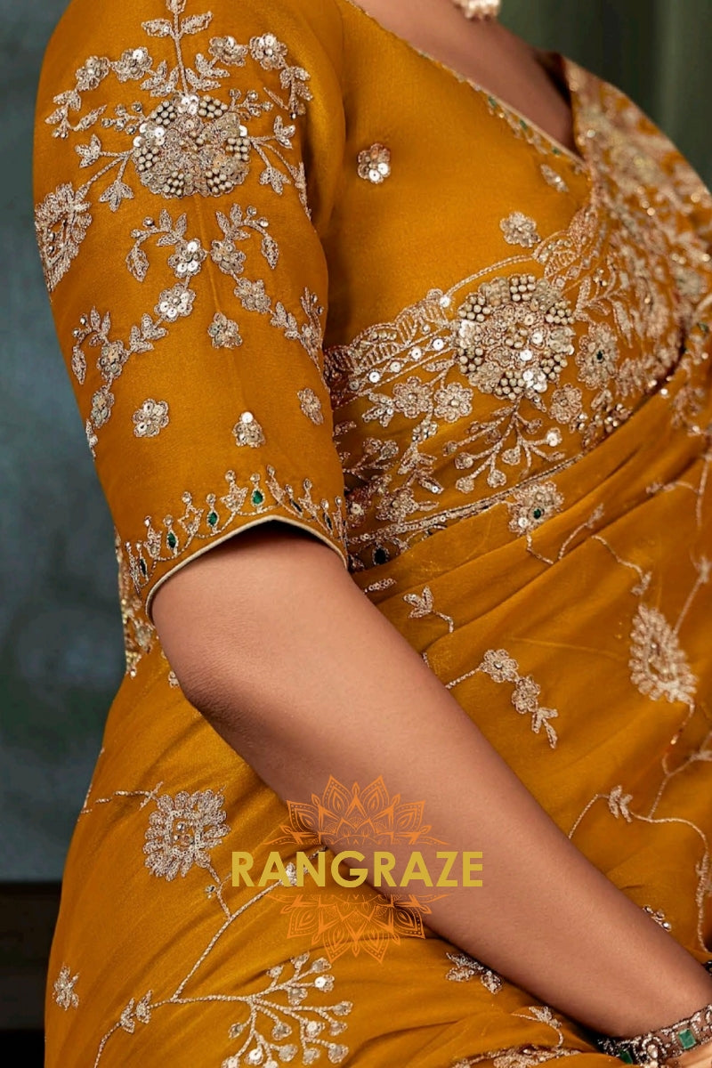 Mustard Gold Designer Embroidered Saree with Heavy Blouse & Pallu Work
