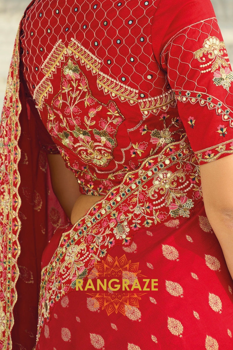 Red Pure Silk Designer Embroidered Saree with Heavy Blouse & Pallu Work