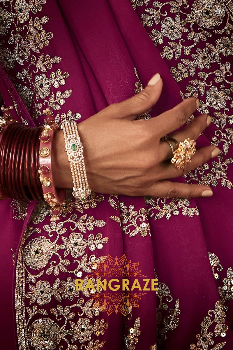 Plum Purple Designer Embroidered Saree with Heavy Blouse & Pallu Work