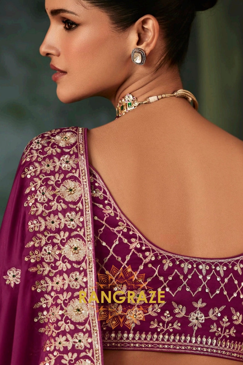 Plum Purple Designer Embroidered Saree with Heavy Blouse & Pallu Work