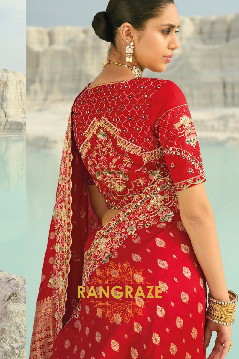 Red Pure Silk Designer Embroidered Saree with Heavy Blouse & Pallu Work
