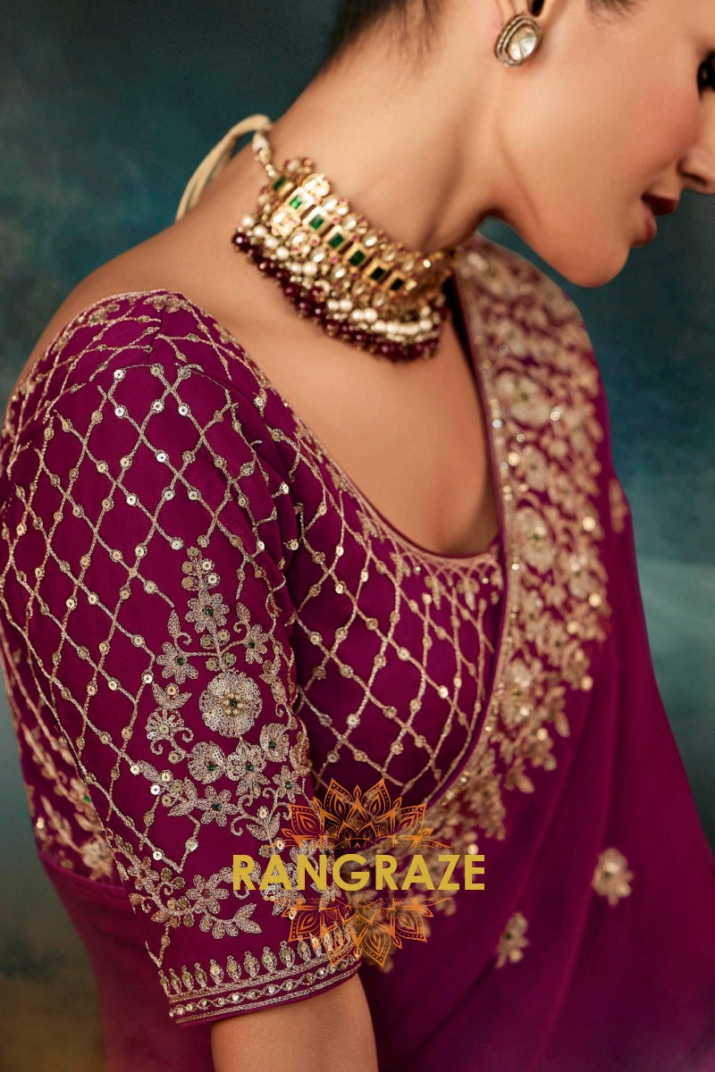 Plum Purple Designer Embroidered Saree with Heavy Blouse & Pallu Work