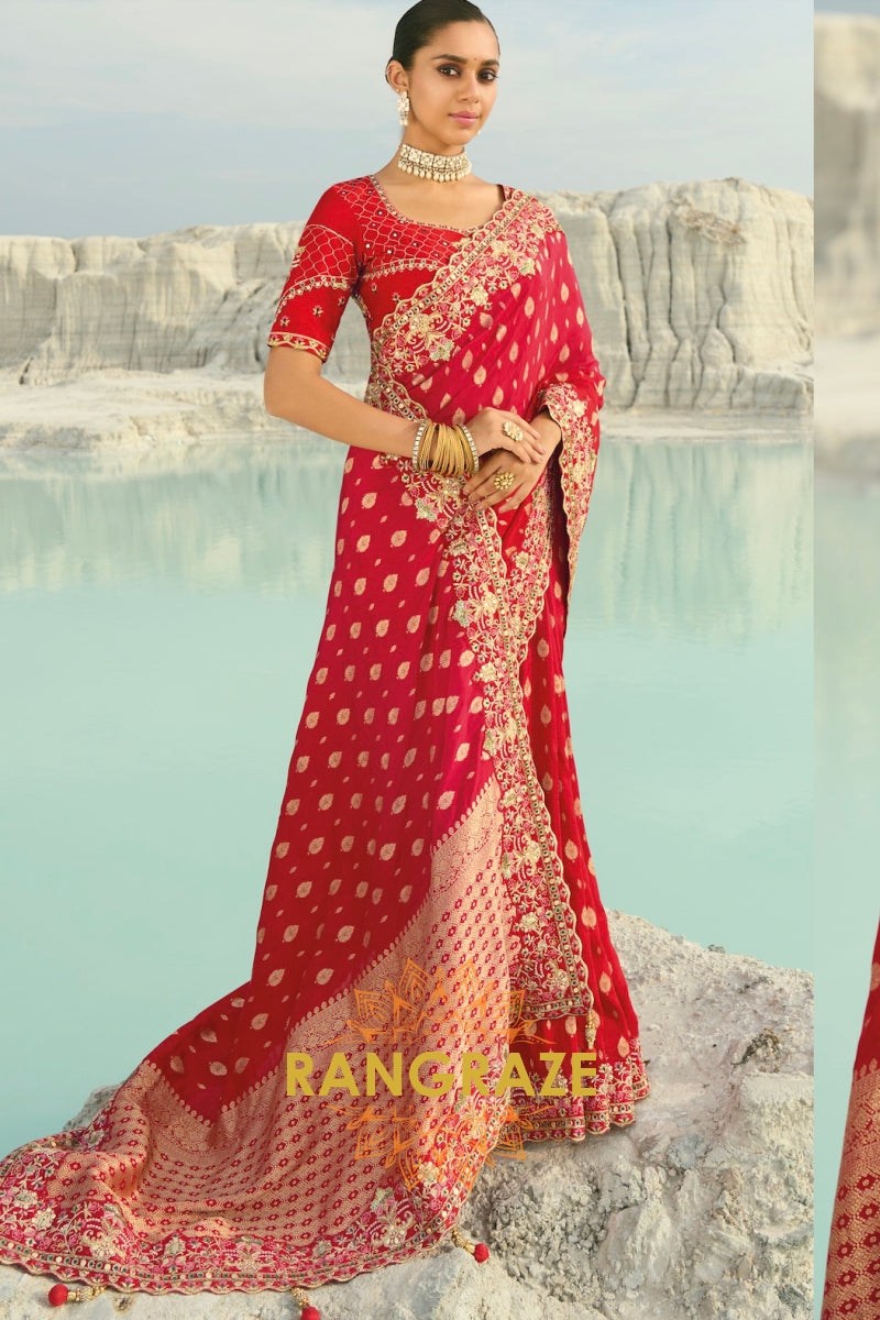 Red Pure Silk Designer Embroidered Saree with Heavy Blouse & Pallu Work