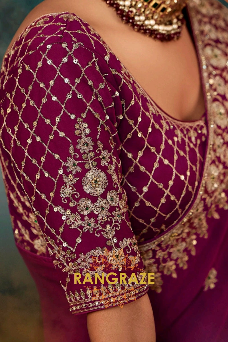 Plum Purple Designer Embroidered Saree with Heavy Blouse & Pallu Work
