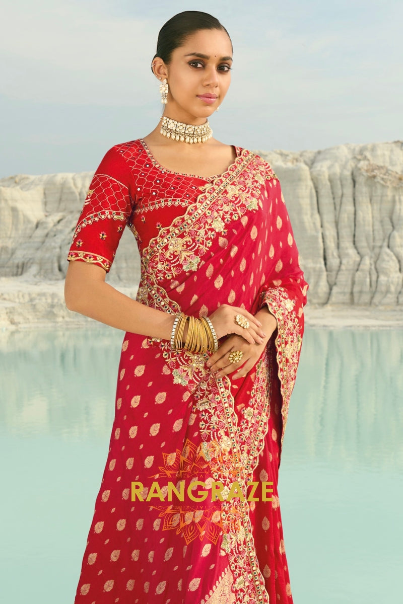 Red Pure Silk Designer Embroidered Saree with Heavy Blouse & Pallu Work
