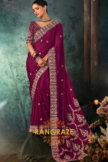 Plum Purple Designer Embroidered Saree with Heavy Blouse & Pallu Work