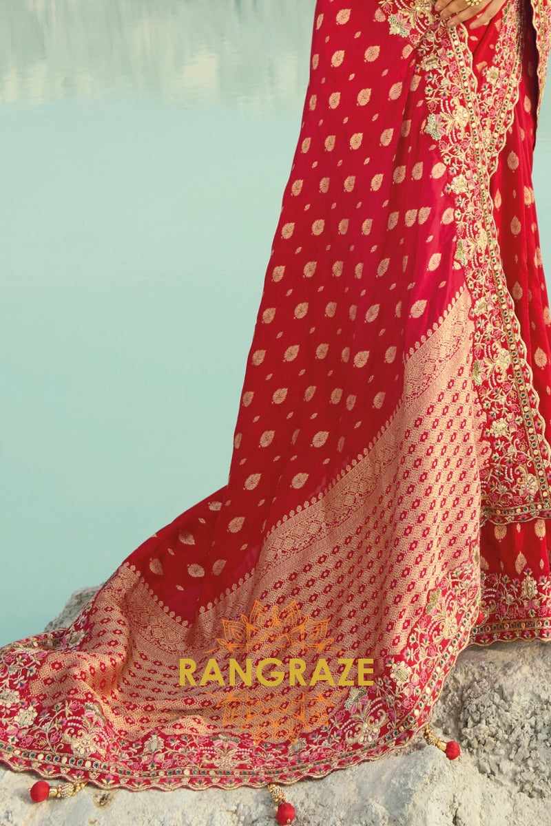 Red Pure Silk Designer Embroidered Saree with Heavy Blouse & Pallu Work