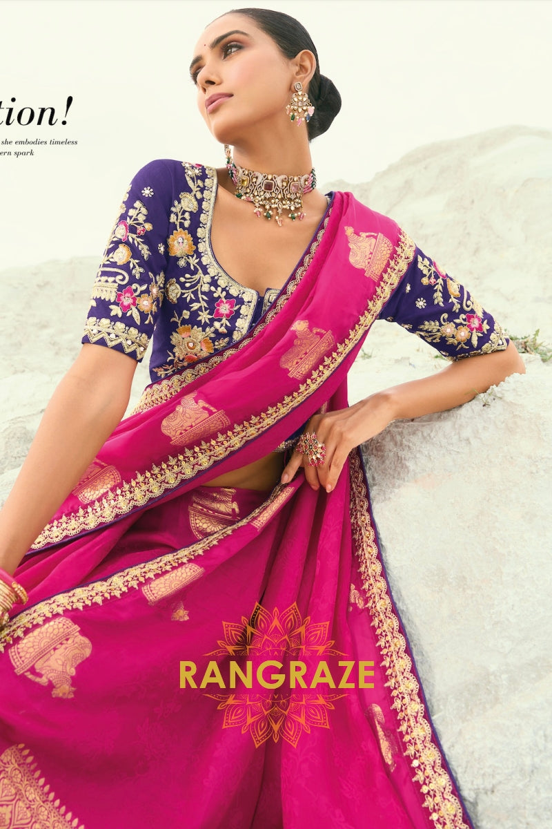 Rani Pink Designer Embroidered Saree with Heavy Blouse & Pallu Work