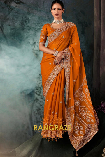Burnt Orange Designer Embroidered Saree with Heavy Blouse & Pallu Work