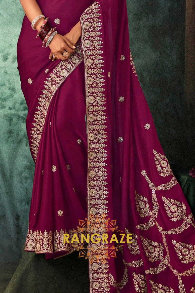 Plum Purple Designer Embroidered Saree with Heavy Blouse & Pallu Work