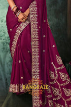 Plum Purple Designer Embroidered Saree with Heavy Blouse & Pallu Work