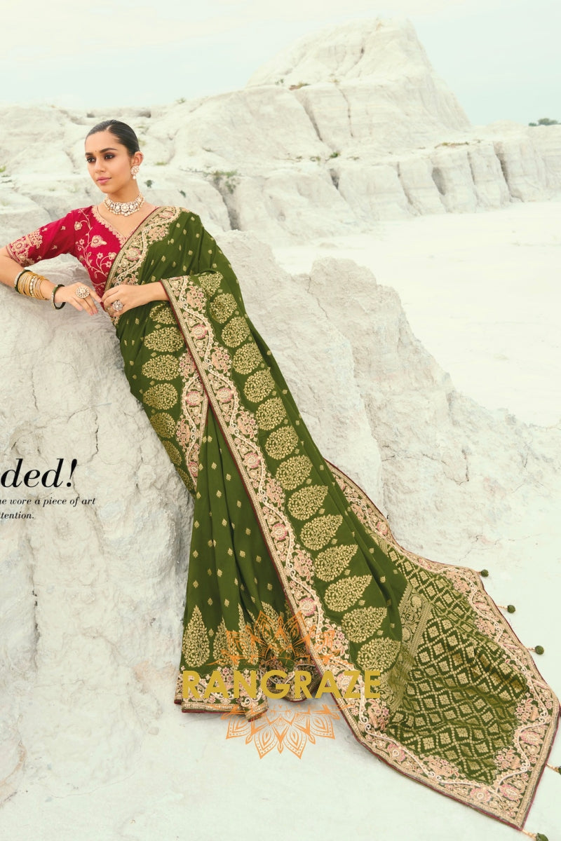 Olive Green Pure Silk Designer Embroidered Saree with Heavy Blouse & Pallu Work